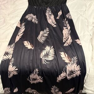 Elegant Black and Pink Leaf Print Maxi Dress